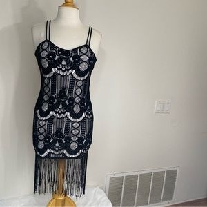 Evergreen Black Lace Stretch Fringe Trim Fitted Dress Size Small